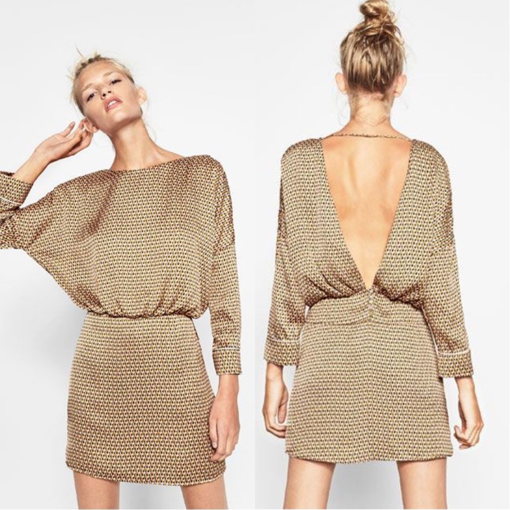 Zara Geometric Print Open-Back Satin Dress